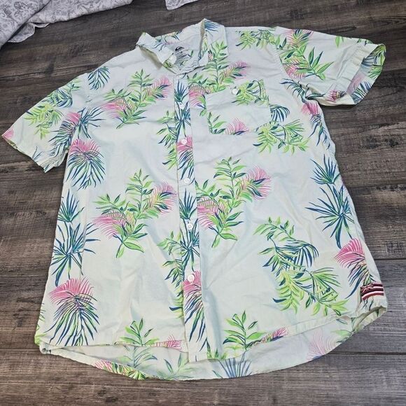 Quicksilver Regular Fit Hawaiian shirt Size Medium Cotton White Green Blue - Picture 1 of 9